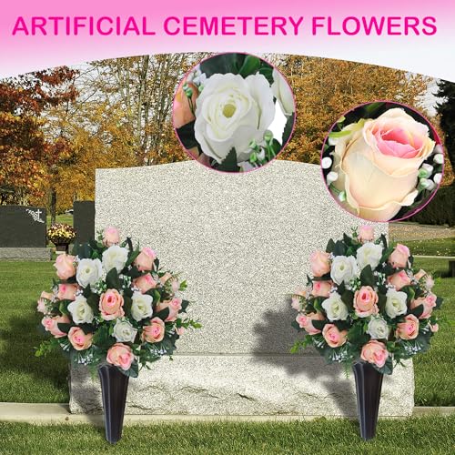 Lodou Set of 2 Artificial Cemetery Flowers, Memorial Flowers Bouquet,Grave Memorial Flowers with Vase for Cemetery Headstones Decoration (Beige White) - color: Beige White