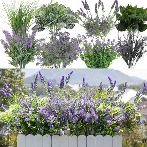 Green Moon 20PCS Artificial Plants Outdoor, Faux Lavender & Greenery Stems | UV Resistant Faux Outdoor plants, Artificial Flowers for Outdoors, Garden Patio Porch, Window Box, Spring Summer Home Decor - color: Lavender