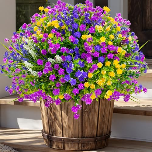 AXYLEX Artificial Flowers Outdoor Fake Plants - 12 Bundles UV Resistant Shrubs No Fade Faux Plastic Greenery Home Garden Porch Patio Decoration Indoor (1, Multi-12pcs) - color: 12 Pcs - Magenta+purple+yellow+lavander