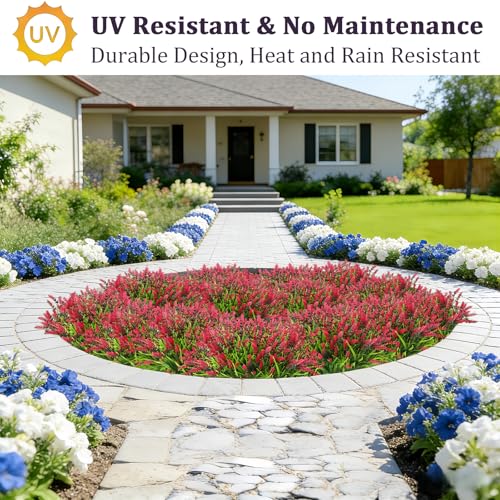 Faux Flowers for Outdoor Planters – 20 Bundles Fake Plants Outdoor, UV Resistant Artificial Plants & Flowers with Fake Monkey Grass, Faux Outdoor Plants for Porch Patio Garden Decor - color: Red Lotus – 20 Bundles