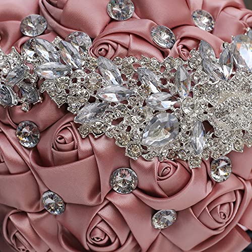 XINNI Brooch Bridal Wedding Bouquet Bride Bridesmaids Satin Rose Flower Bouquet with Meteor Shower Shape Rhinestone for Wedding Dusty Pink - color: Dusty Pink