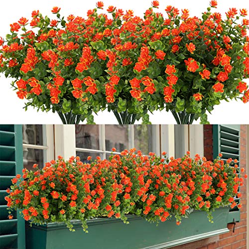6 Bundles Artificial Flowers, Fake Artificial Greenery UV Resistant No Fade Faux Plastic Plants for Wedding Bridle Bouquet Indoor Outdoor Home Garden Kitchen Office Table Vase (Orange Red) - color: Orange Red