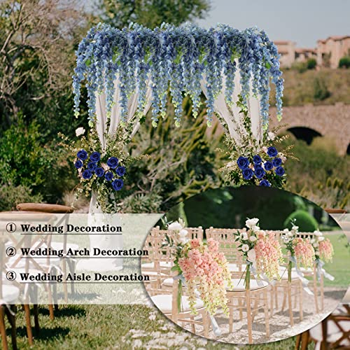 Dailisen 3 Strands 40'' Silk Blue Wisteria Artificial Flowers, Fake Wisteria Floral Hanging Plant Garland, for Home Decor, Party, Floor Vase, Balcony, Wedding Arrangement Decoration (Blue) - color: Blue