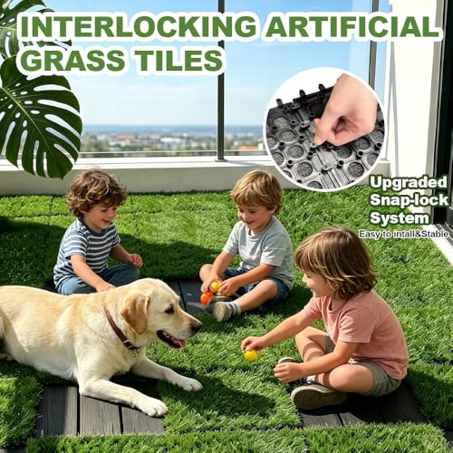Qingbei Rina Artificial Grass Turf Tiles Interlocking 9 Pack, 12"x12" Outdoor Square Fake Grass Mat for Balcony Patio Deck Flooring, Pets Dog Pee Pad