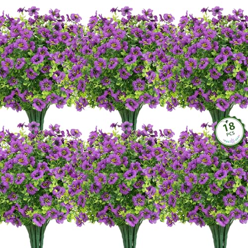Roberly Artificial Flowers for Outdoors, UV Resistant Silk Faux Flowers Daisy with Eucalyptus Greenery Stems Fake Plastic Plants for Spring Summer Patio Garden Home Decor, 18 Bundles, Purple - color: Purple