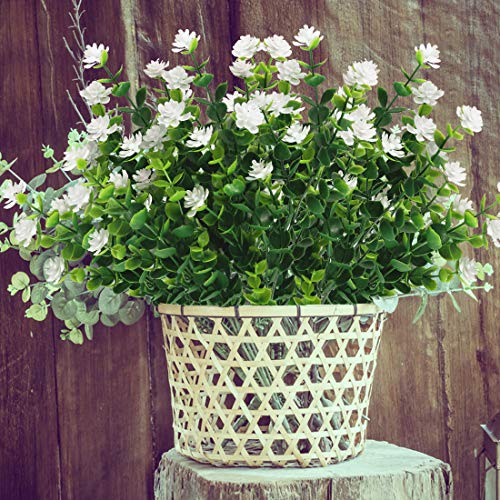 6 Bundles Artificial Flowers, Fake Artificial Greenery UV Resistant No Fade Faux Plastic Plants for Wedding Bridle Bouquet Indoor Outdoor Home Garden Kitchen Office Table Vase (White) - color: White