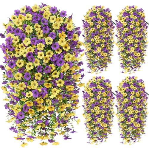 Artificial Hanging Flowers for Outdoors Spring Summer Decoration, 4PCS UV Resistant Silk Fake Hanging Plants for Patio Porch Front Yard Window Garden Indoor Decor(Purple&Yellow,4PCS) - color: Purple&yellow, size: 4PCS