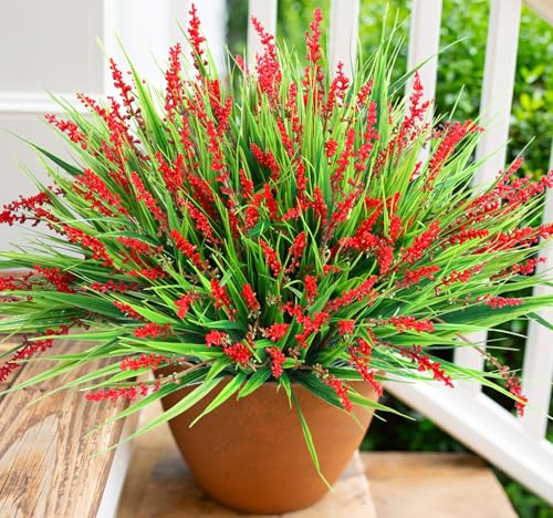 HyeFlora Artificial Fake Flowers Outdoor Plants for Summer Decoration,10 Bundles Faux Plastic Tall Monkey Grass Greenery UV Resistant Realistic Lavender for Home Planter Window Porch Garden-Red - color: Red
