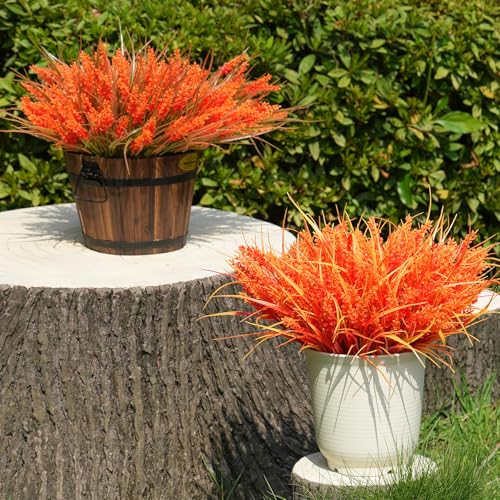 20 Bundles Artificial Plants Outdoor, UV Resistant Fake Flowers, Realistic Faux Lavender Shrubs for Porch Garden Window Box Home Decoration (Fall Orange-red) - color: Fall Orange-red