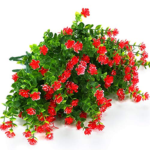 8 Bundles Outdoor Artificial Fake Flowers UV Resistant No Fade Boxwood Faux Plastic Plants for Garden Patio Porch Window Box Home Wedding Farmhouse Décor (Red) - color: Red