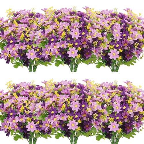 Uieke 12 Bundles Artificial Flowers for Outdoors UV Resistant Fake Daisy Mums Flowers No Fade Shrubs Plants Indoor Outside Planter Home Wedding DIY Garden Porch Décor (Purple) - color: Purple, size: 12