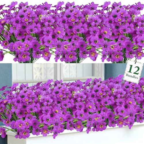 Ouddy Decor 12 Bundles Artificial Flowers for Outdoors Fake Silk Flowers UV Resistant Faux Plastic Plants for Indoor Outdoor Vase Box Garden Porch Window Box Home Spring Summer Decor, Purple - color: Purple, size: 12 Bundles