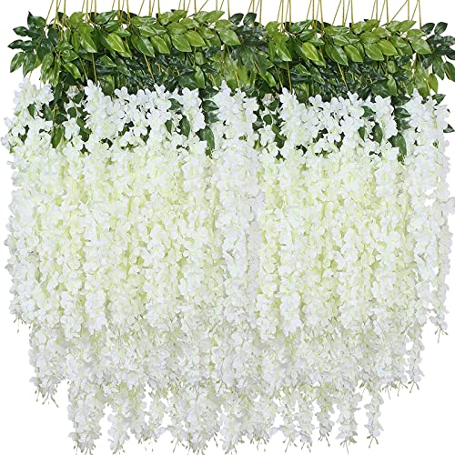 Artificial Wisteria Hanging Flowers Fake Wisteria Flower Garland Silk Vines Rattan Decor for Home Wedding Arch Wall Garden Greenery Bedroom Outdoor Office Party Decoration (12, White) - color: White