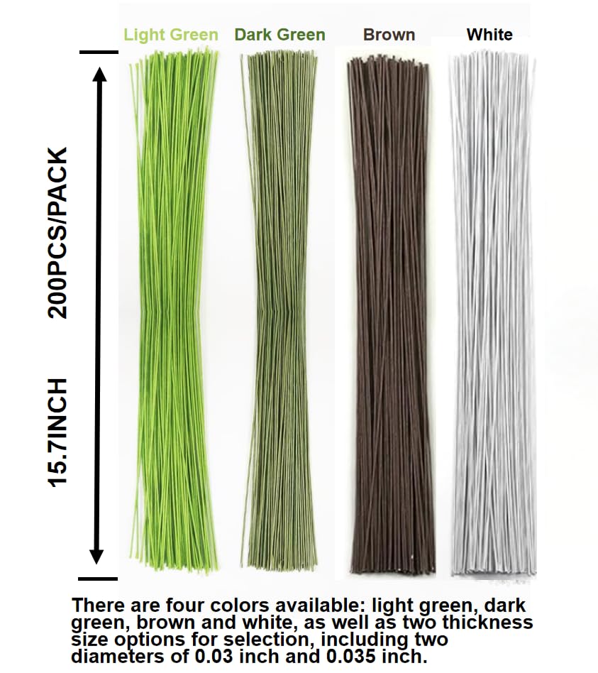 Floral Wire Stems 200pcs 15.7 Inch Artificial Flower Stems, Dark Green Flower Wire, Fake Flower Sticks for Paper Flower, Bouquets, Wreaths and DIY Projects (Dark Green（0.035inch，200PCS）) - color: Dark Green（0.035inch，200pcs）