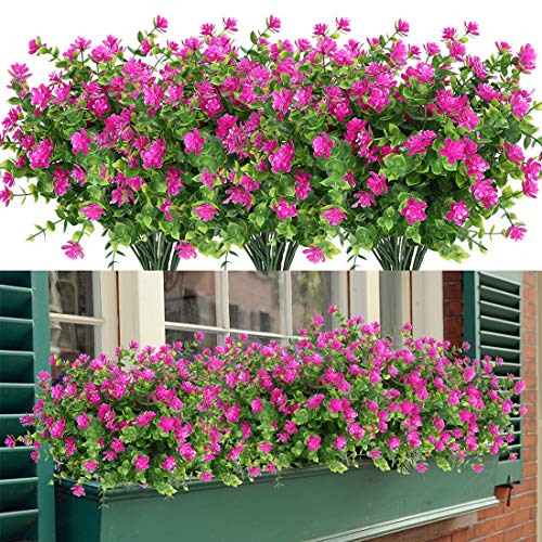 6 Bundles Artificial Flowers, Fake Artificial Greenery UV Resistant No Fade Faux Plastic Plants for Wedding Bridle Bouquet Indoor Outdoor Home Garden Kitchen Office Table Vase (Fuchsia) - color: Fuchsia