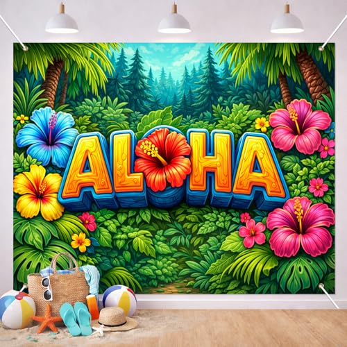 BlissYard Aloha Backdrop 8x6ft Hawaiian Luau Party Tropical Photo Booth Background Cloth for Photography, Hibiscus Flowers Palm Leaves Jungle Island Banner for Summer Birthday Wedding Event Decor - color: Aloha Backdrop#3
