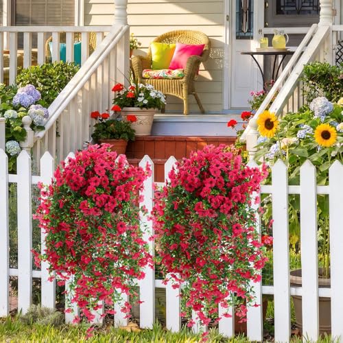 Suncalla 4 Pcs 30In Artificial Hanging Flowers for Outdoor Planter 156 Branches Trailing Faux Potted Plant Fake Floral UV & Fading Resistant for Wedding Patio Spring Summer Decor(Rose Red) - color: Rose Red