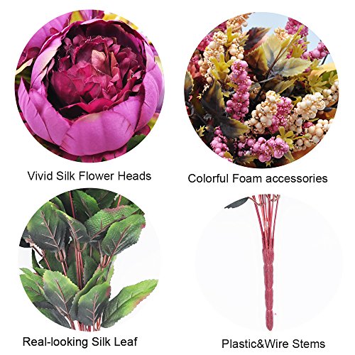 1pcs Artificial Peony Bouquet,19 Inch Silk Peony Bunch with 7 Faux Flowers,Classical Style Artificial Flowers with Leaves and Ornaments for Wedding,Home Décor Centerpieces(Purple) - color: Purple, size: Pack of 1