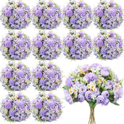 Tigeen Peonies Artificial Flowers Faux Roses Silk Flowers Hydrangea Artificial Bouquet for Wedding Table Centerpiece Floral Vase Home Office Bridal Decor(Light Purple,12 Bundles) - color: Light Purple