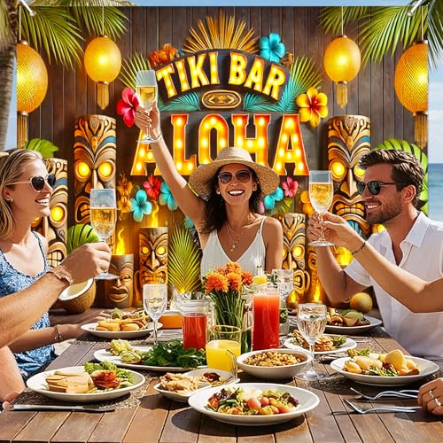 BlissYard Tiki Bar Aloha Luau Party Backdrop Tropical Hawaiian Banner 8x6FT Large Flamingo Beach Theme Photo Booth Background Summer Pool Party Birthday Indoor Outdoor Event Photography - color: Tiki Bar Aloha#01
