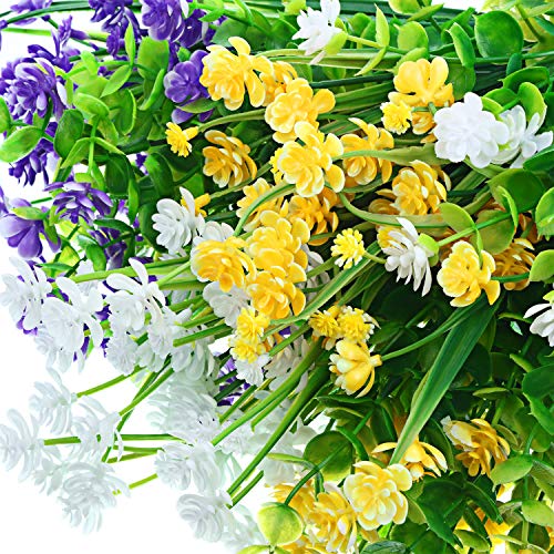 WILLBOND 12 Bundles Artificial Flowers Outdoor, UV Resistant Faux Artificial Plants Shrubs Plastic Flower Bulk for Hanging Planter Porch Window Home Spring Summer Decor(Yellow, Purple, White) - color: Yellow, Purple, White