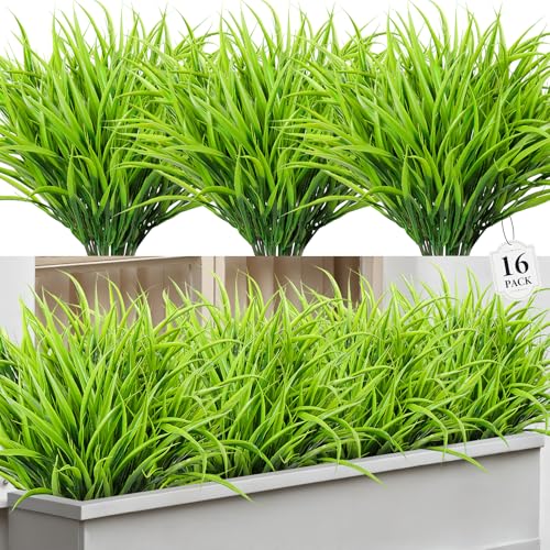 16 Pcs Artificial Plants Outdoor Fake Grass Faux Greenery Stems UV Resistant Plastic Plants Shrubs for Planters Patio Garden Front Porch Pathway Spring Summer Home Decor, Green - color: Green