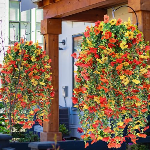 6 Pcs Fall Artificial Hanging Flowers Outdoor Faux Silk Mum Plant Decor Violet with Eucalyptus Realistic UV Resistant Trailing Vine Autumn Thanksgiving Porch Yard(Warm Color, Violet) - color: Bright Color, style: Violet