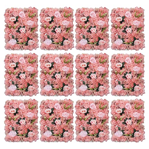 12 Pcs Artificial Flower Wall Panels, 24"x16" 3D Pink Silk Dahlia Hydrangea Rose Flowers Wall Backdrop Artificial Silk Fabric Flower Banquet Wedding Party Decor for Stage Background (Type 4) - color: Type 4
