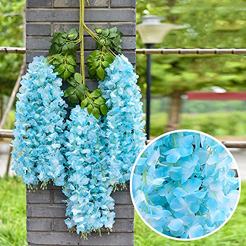 WEISPARK Wisteria Hanging Flowers - 12 Pieces 3.75 Feet/Piece Artificial Wisteria Vine Fake Ratta Hanging Garland Silk Flowers for Home Party Wedding Decor - color: Blue