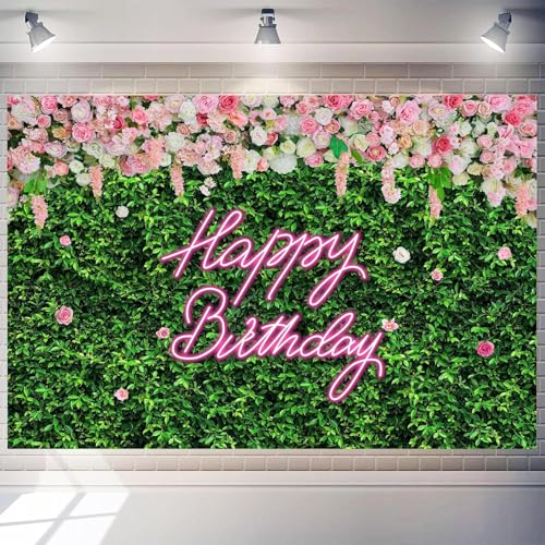 8 x 6 ft Happy Birthday Backdrop Large Green Grass and Flower Wall Background for Woman Men Birthday Party Decorations Banner Photo Booth Supplies Polyester - color: Grass Flower, size: 8x6 FT
