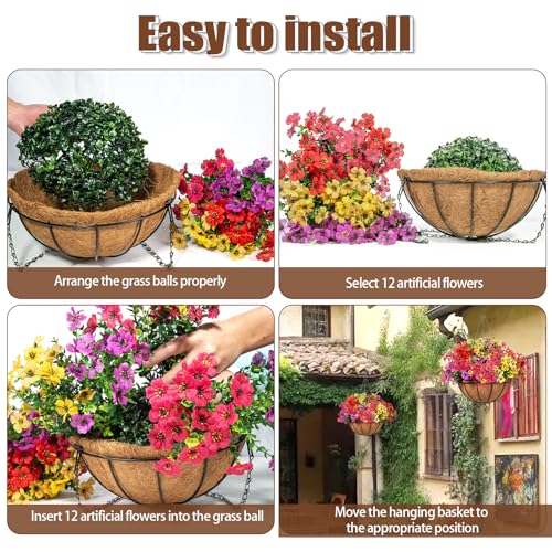 2 Set Artificial Flowers for Outdoors with Hanging Basket 24 Pcs Fake Silk Flowers Hanging Planters for Outdoor Plants Faux Hanging Plants for Outdoor Patio Decor Garden Decor (Y,R,P,R)