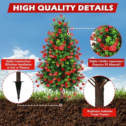 Sunnyglade 2 Packs 27.5" Artificial Rose Tree, Fake Rose Shrub Bushes Trees with Spike Faux Topiary Plants Tree for Indoor, Garden, Yard, Porch, Patio Decor - color: Red