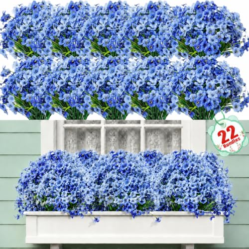 22 Pack Artificial Flowers Outdoor Fake Plants, Faux Flowers UV Resistant with Plastic Plants, Faux Silk Flowers for Outdoors Outside Front Porch Hanging Planter Window Box Garden Decoration(Blue) - color: Blue, size: 22 Bundles