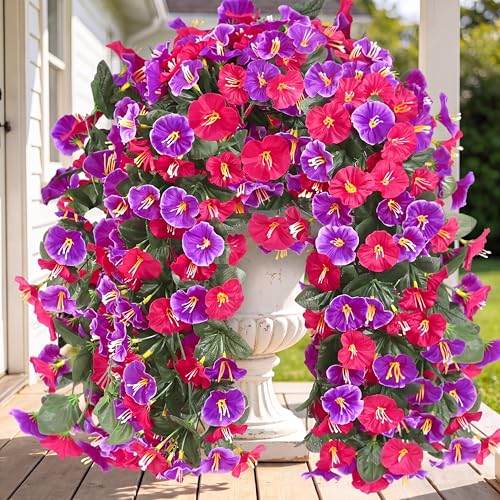 Artificial Fake Hanging Flowers Plants for Outdoor Outside Spring Summer Decoration 2PCS Faux Silk UV Resistant Realistic Morning Glory Trailing Vines for Home Porch Patio Balcony(Rose red & Magenta) - color: Rose Red & Magenta, size: 2Pcs