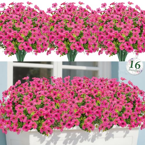 Bassion Artificial Flowers for Outdoors, 16 Bundles UV Resistant Fake Flowers Realistic Silk Faux Plants for Outdoor Planter Window Box Porch Patio Garden Home Outside Decorations - color: Fuchsia