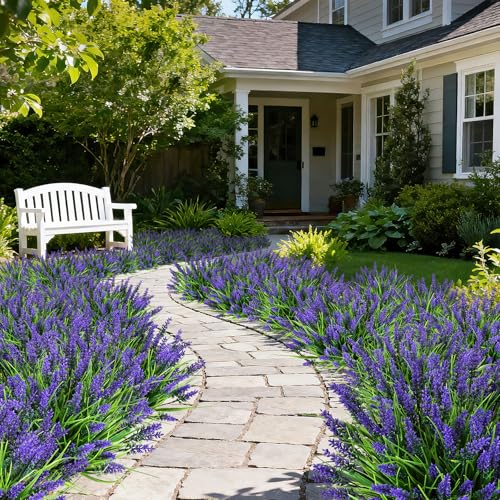 16 Bundles Artificial Plants Outdoor, UV Resistant Fake Lavender & Monkey Grass, Realistic Plastic Faux Plants for Balcony, Patio, Porch Greenery Decor, Planter Filler(Purple) - color: Purple, size: 16PCS