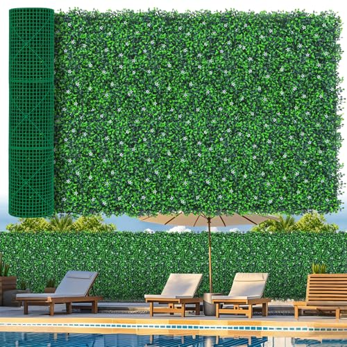 Grooy 48"x 120"(40 sq.ft) Artificial Boxwood Roll Panels with Flowers, UV-Anti Faux Ivy Leaves Privacy Fence Screen, Grass Wall Roll Panels for Indoor Home Decor and Outdoor Garden Backyard - size: 48X120IN