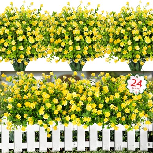 Ouddy Decor 24 Bundles Artificial Flowers for Outdoors Decoration Fake Flowers UV Resistant Faux Plastic Greenery Eucalyptus Plants for Spring Summer Garden Patio Indoor Outdoor Home Decor, Yellow - color: Yellow