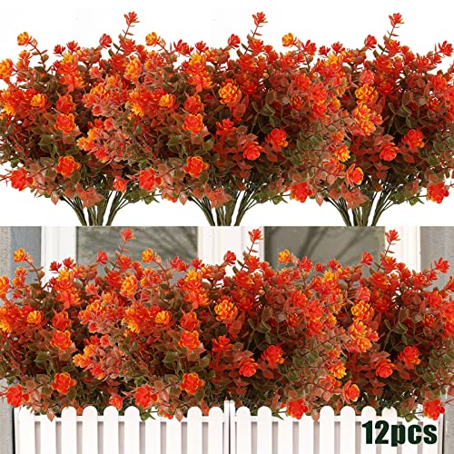 RECUTMS 12 Bundles Artificial Outdoor Flowers UV Resistant Fake Plastic Plants No Fade Faux Fall Flowers for Hanging Planter Porch Patio Window Box Wedding Thanksgiving Halloween Decor(Green Orange) - color: Green Orange, size: 12 Pcs