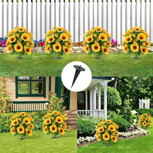 24" Artificial Boxwood Topiary Ball Tree with Ground Spike Sunflower for Outdoor Planters, UV Resistant & Waterproof Bushes, Fake Outdoor Plants for Porch Garden Yard, Set of 2