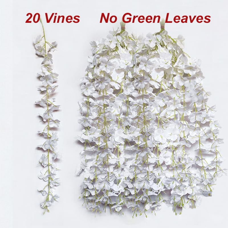 Wisteria Flower Vines Garland, Artificial Flower Strings, Fake Hanging Flowers, Silk Wisteria Garland Flowers, Flower Vine for Wedding Garden Decor (Pure White - 20 Vines) - color: Pure White - 20 Vines