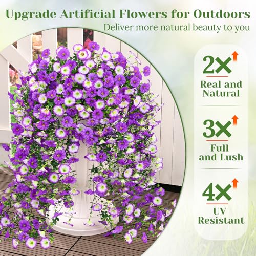 Artificial Hanging Flowers for Outdoors, Fake Hanging Flowers for Decoration, UV Resistant Artificial Outdoor Plants, 2 Pcs Morning Glory for Outdoors Garden Patio Porch Yard Decor, Purple&Purple Edge - color: Purple&purple Edge, size: 2 Pack