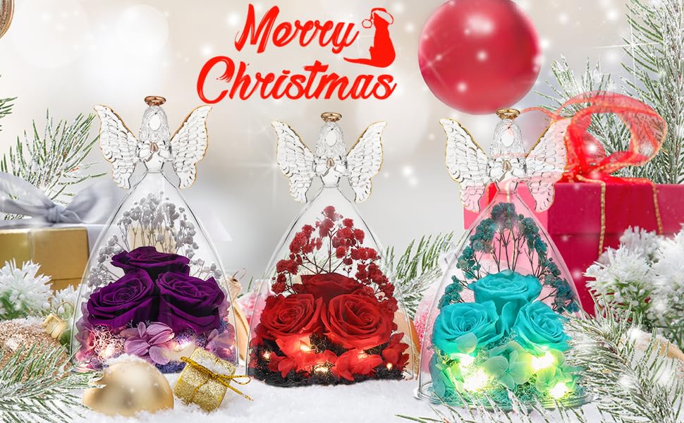 Mothers Day Rose Gifts for Women Preserved Real Flower in Glass Angel Figurines Roses for Delivery Prime Birthday Gifts for Mom Grandma Girlfriend Wife Her - Red - color: Red