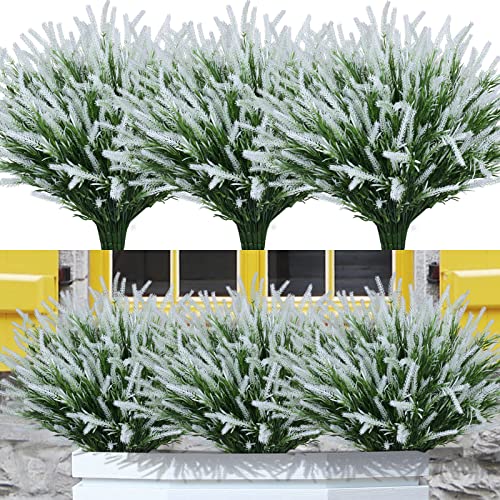 12 Bundles Fake Outdoor Flowers UV Resistant Plants Artificial Lavender Faux Plastic Shrubs Window Box Garden Porch Home Decor (White) - color: White