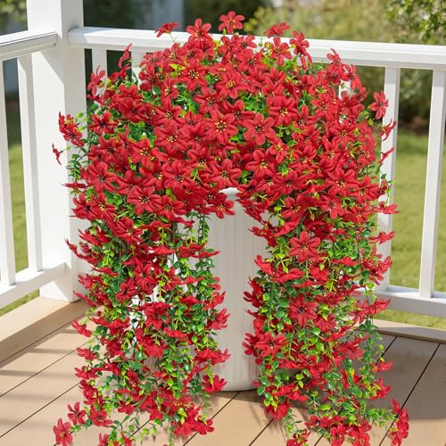 Roberly 4 Pcs Artificial Hanging Flowers for Outdoors, Realistic Faux Silk Flowers UV Resistant Fake Greenery Plants for Spring Summer Garden Porch Indoor Outdoor Home Decor, Red - color: Red