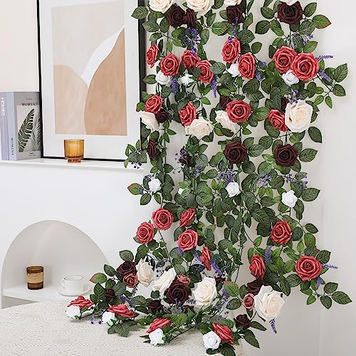 Senseya 5FT Artificial Rose Flower Garland - Dusty Burgundy Fake Floral Vine with Rose Leaves, Runner Rustic Flower Garland for Wedding Arch Backdrop Table Runner Centerpieces Party Home Mantel Decor - color: Dusty Rose Burgundy