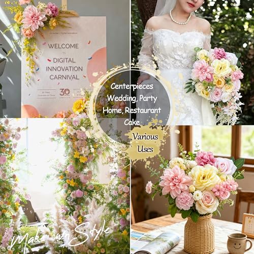 Creamy Yellow Pink Silk Artificial Flowers Combo Box Set Pastel Roses Flowers Dahlia DIY Bridal Wedding Bouquets Cake Boho Fake Floral with Stems Arrangements Baby Shower Party Table Centerpieces - color: Pink, Yellow
