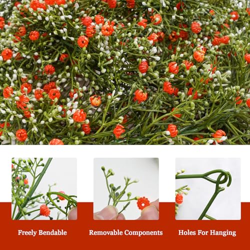2 Pcs 5.8ft Artificial Baby Breath Flower Vines, Babys Breath Artificial Flowers Real Touch Faux Gypsophila Hanging Fake Baby's Breath Garlands for Wedding and Baby Shower Decor(Red-Orange - color: Red-orange