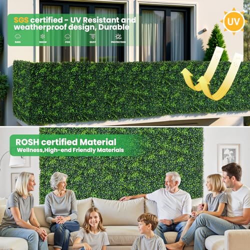 Artificial Grass Wall Panels - 12 Pack 10"x10" Ivy Privacy Fence Screen for Indoor Outdoor, Anti-UV Boxwood Hedge for Wedding & Event Decor, Greenery Wall with DIY Light Strip & Flowers (8.33 Sq.Ft)