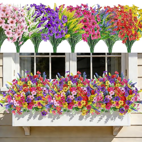 Der Rose 24 Bundles Artificial Flowers for Outdoor Fake Spring Flowers Plants UV Resistant for Home Garden Porch Window Wedding Decor - color: Multi-color B